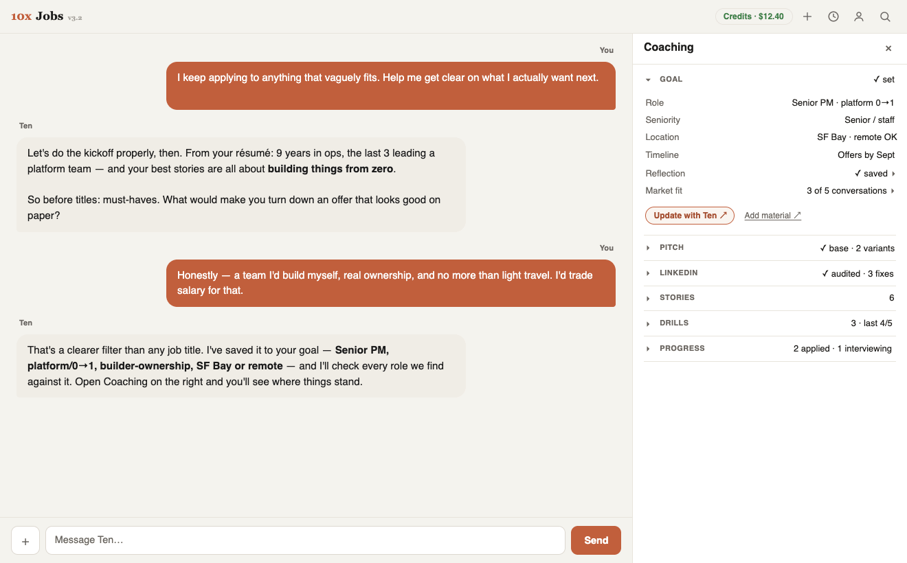 10xJobs — the Your goal panel: the Coaching panel's Goal section beside a kickoff conversation with Ten